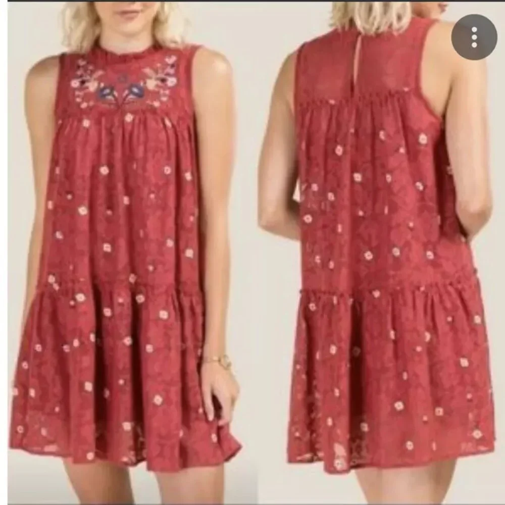 075. Francesca's Sleeveless Embroidered Miami Phoenix Mini Dress L Orange Red - Picture 1 of 10